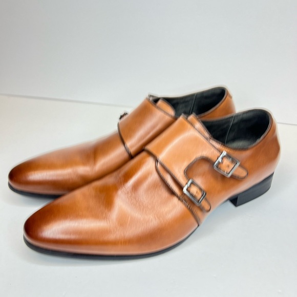 Stacy Adams Mens Cognac Burnished Calfskin Plain Toe Double Monk Strap Shoes 9.5 - Picture 10 of 14